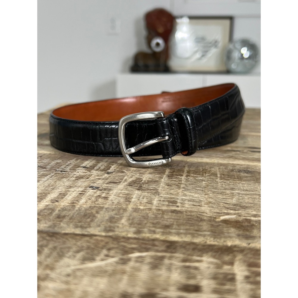 Coach Black Crocodile Embossed Leather Belt 3764 Silver Buckle 32 80cm